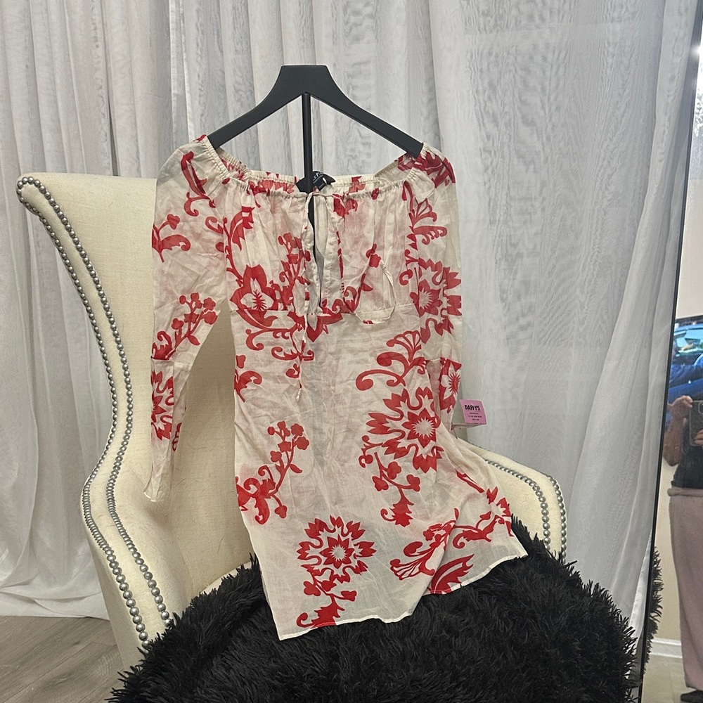 Aje Cream Off-Shoulder Blouse with Red Floral Motif